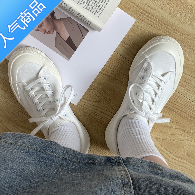 SUNTEK厚底小白鞋女2023新款百搭大头鞋白色帆布鞋女夏季设计感小众板鞋高清大图