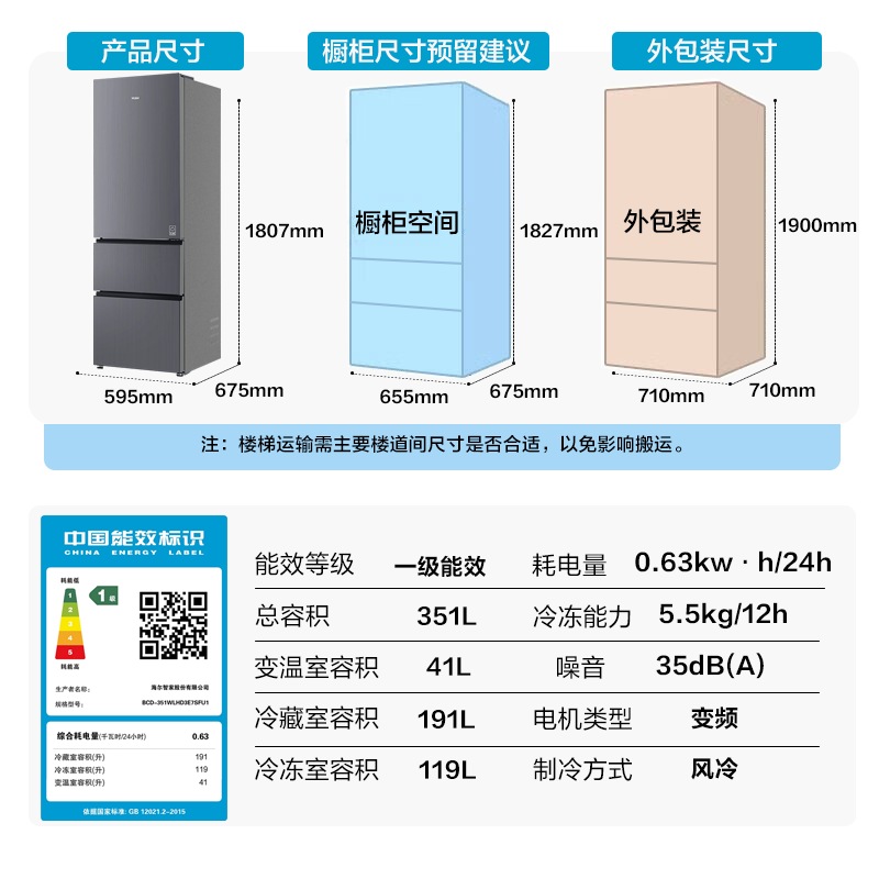 海尔(Haier)三开门冰箱351L容量 一级能效变频风冷无霜除菌净味直开抽屉式 BCD-351WLHD3E7SFU1高清大图