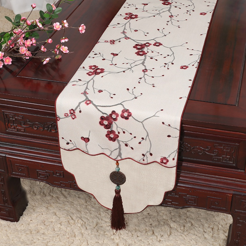 新中式古典玉桌旗茶几长条布艺中国风桌布床柜旗电视柜盖布 万福梅花红白 34*200适合桌长140-150CM