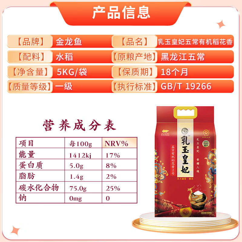 金龙鱼 乳玉皇妃壹品稻花香5KG 五常大米 有机大米 (单位:袋)