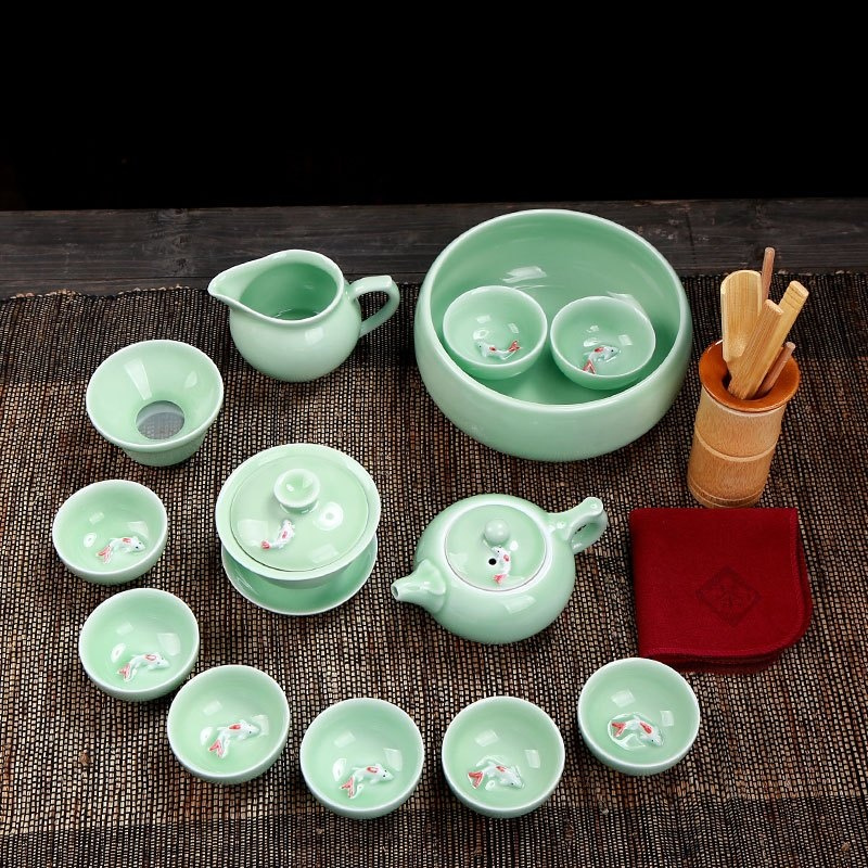 简约青瓷茶具套装鲤鱼茶杯一壶六杯红色彩鲤鱼杯茶洗家用茶具套装多色生活日用家庭清洁生活日用家居器皿水具/水杯