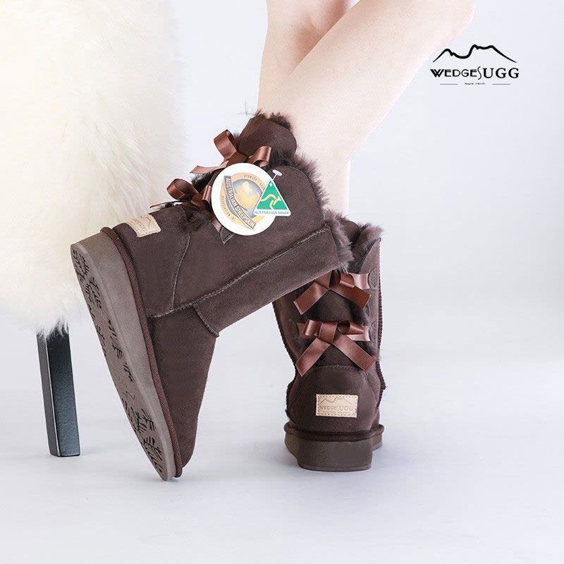WedgesUGG雪地靴蝴蝶结中筒靴子女羊毛皮一体保暖防水防滑[秋冬必需]图片