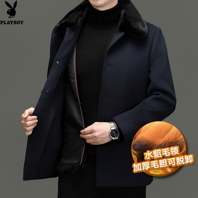 花花公子高端水貂领+拆卸毛内胆尼克服男士羊毛呢大衣商务休闲男装外套厚高清大图
