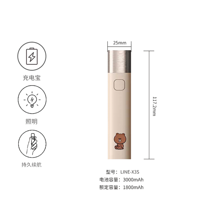 SOLOVE素乐充电宝超薄小巧 便携女生可爱创意迷你户外手电筒3000mAh卡通移动电源超萌-line可妮兔