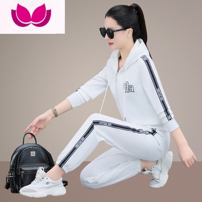 七斓运动套装女2023新款时尚开衫连帽跑步服长袖休闲卫衣套 白色 4XL(建议150-165斤