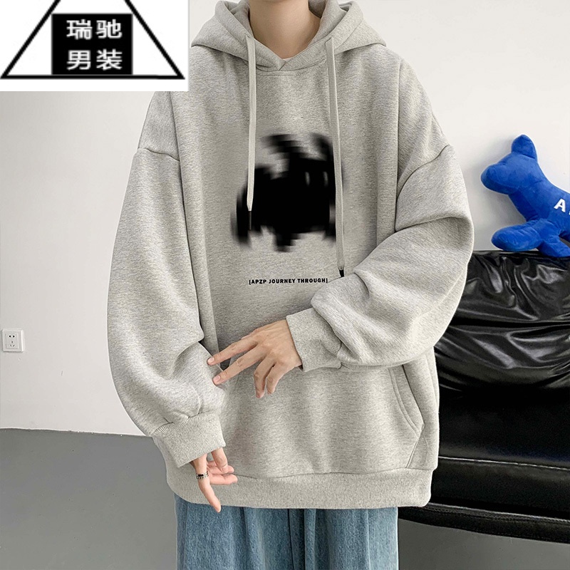 希杰狮王卡通印花连帽卫衣男春秋季像素小猫休闲上衣美式宽松百搭潮流外套