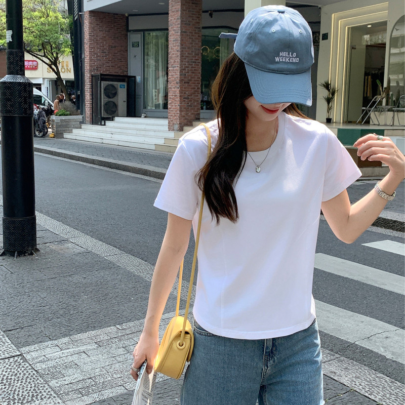 [2.5折价46元]唐狮夏季女圆领正肩分割短款短袖T恤显瘦简约百搭气质韩系