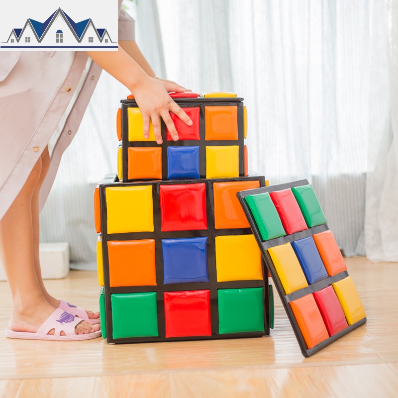 创意儿童收纳小板凳换鞋凳魔方储物凳沙发凳矮凳子家用卡通皮凳_3_112高清大图