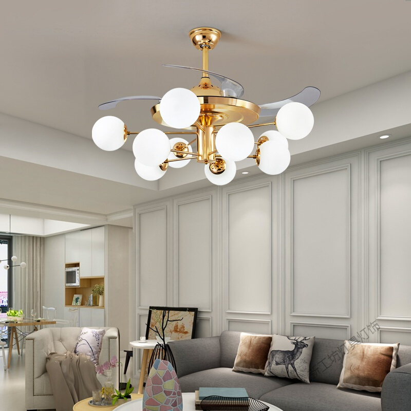 苏宁放心购 吊扇灯隐形风扇灯led餐厅北欧吊灯卧室客厅创意个性餐厅灯三色调光变频风扇吊灯金色