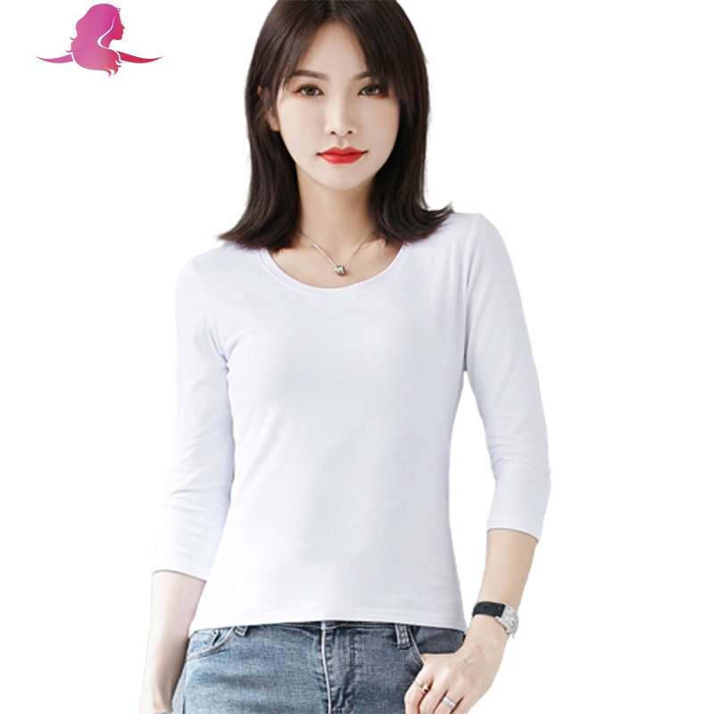 艳如飞白色中袖上衣女七分袖气低领内搭打底衫春秋修身长袖t恤潮t恤