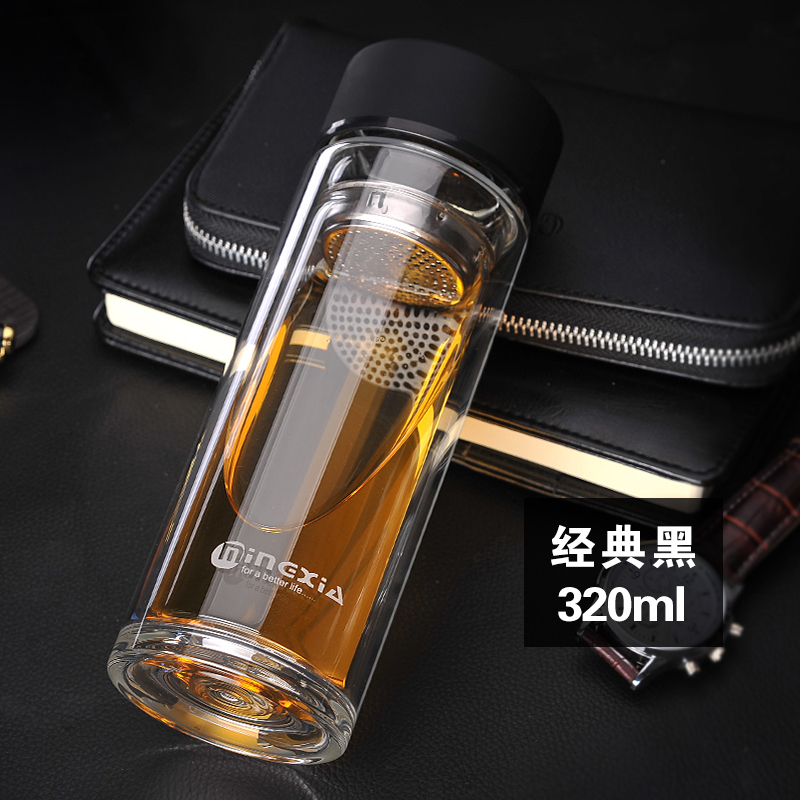 家柏饰(CORATED)双层玻璃杯 便携过滤带盖水杯 男女创意车载茶杯耐热杯子大 绅士蓝320高清大图