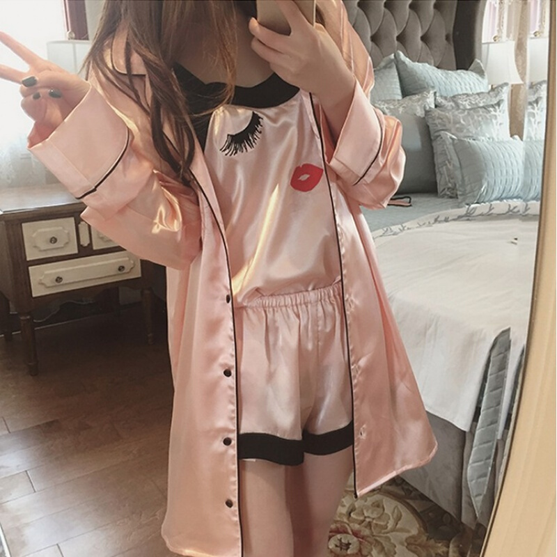睡衣性感春夏季带丝绸睡袍长袖三件套可爱冰丝女家居服套装ljq长裤+带+睡袍三件套