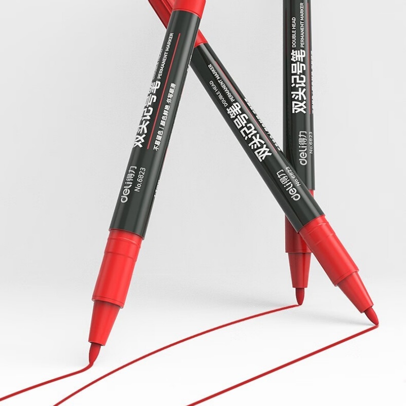 得力细杆 双头0.5mm/1.2mm物 流快递油性记号笔 勾线笔会议签字笔 马克笔红色12支/盒 S831高清大图
