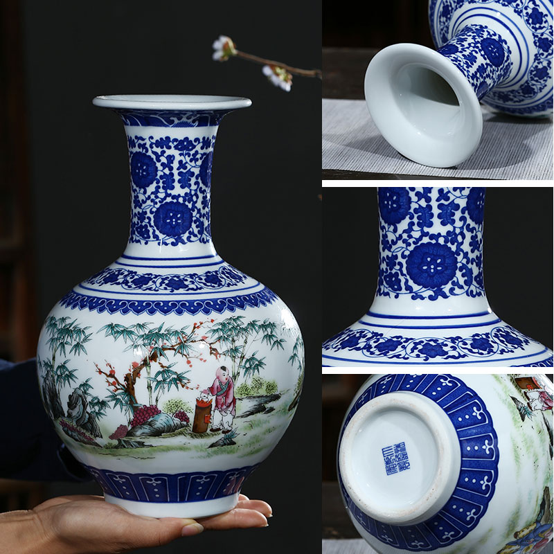 景德镇陶瓷摆件仿古青花瓷花瓶插花器富贵竹家居客厅电视柜装饰品 三维工匠 葫芦瓶高清大图