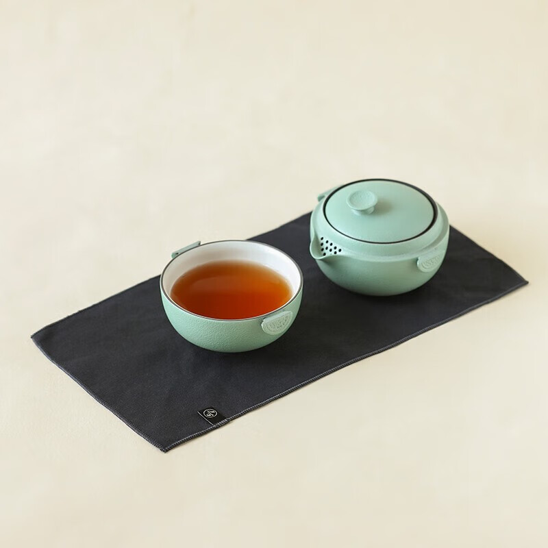 万仟堂陶瓷快客杯一壶一杯单人旅行茶具户外随身便携茶具天地好合 湖绿釉[一壶一杯 青色便携包]高清大图
