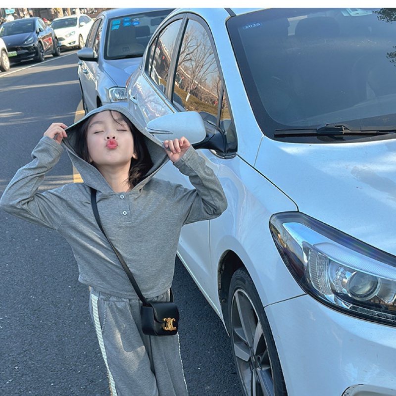 女童秋款套装新款韩系童装连帽衫休闲阔腿裤运动秋季两件套潮 140码 【炸街灰】上衣