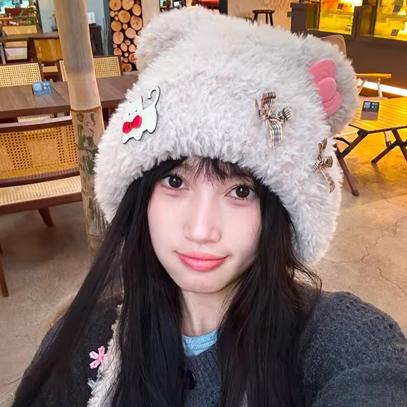 冬季加厚加绒显脸小保暖护耳帽 女士-棕色成人帽高清大图