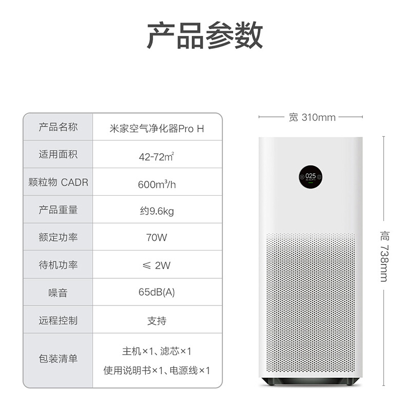 小米(mi)AC-M7-SC 米家空气净化器Pro H 家用除甲醛病毒异味二手烟 静音设计 600m³/h