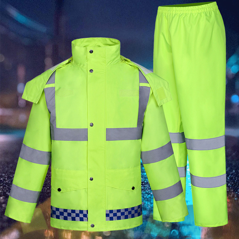 新式荧光绿 保安执勤 雨衣雨裤套装 户外骑行 分体加厚 反光防水服 定制高清大图