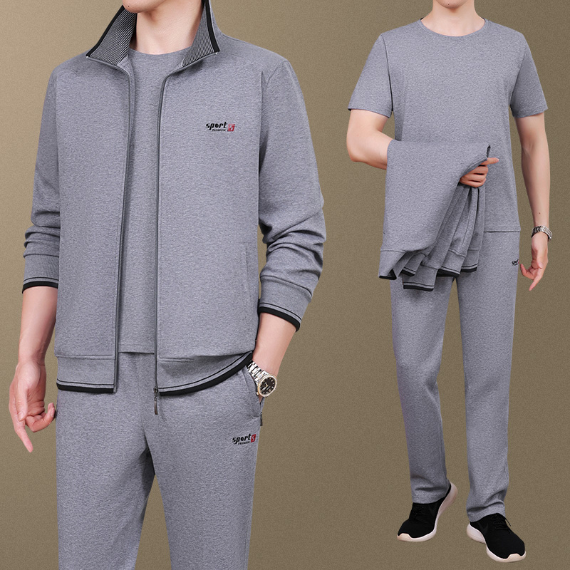 恒源祥名牌中年男士春季运动服套装新款中老年爸爸春秋装休闲外套 浅灰/内搭短袖 L建议100-120斤