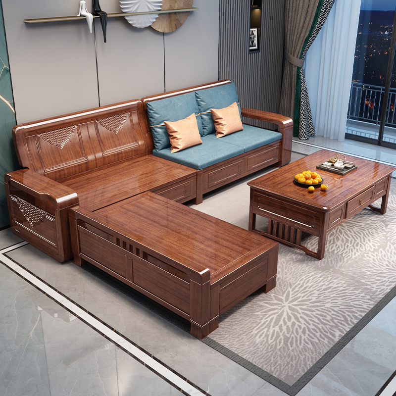 甄沐胡桃木实木沙发现代新中式组合客厅转角贵妃冬夏两用木质储物沙发