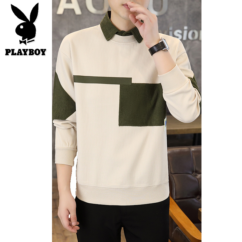 花花公子新款春秋长袖polo衫翻领卫衣T恤内搭衬衫领灯芯绒高清大图