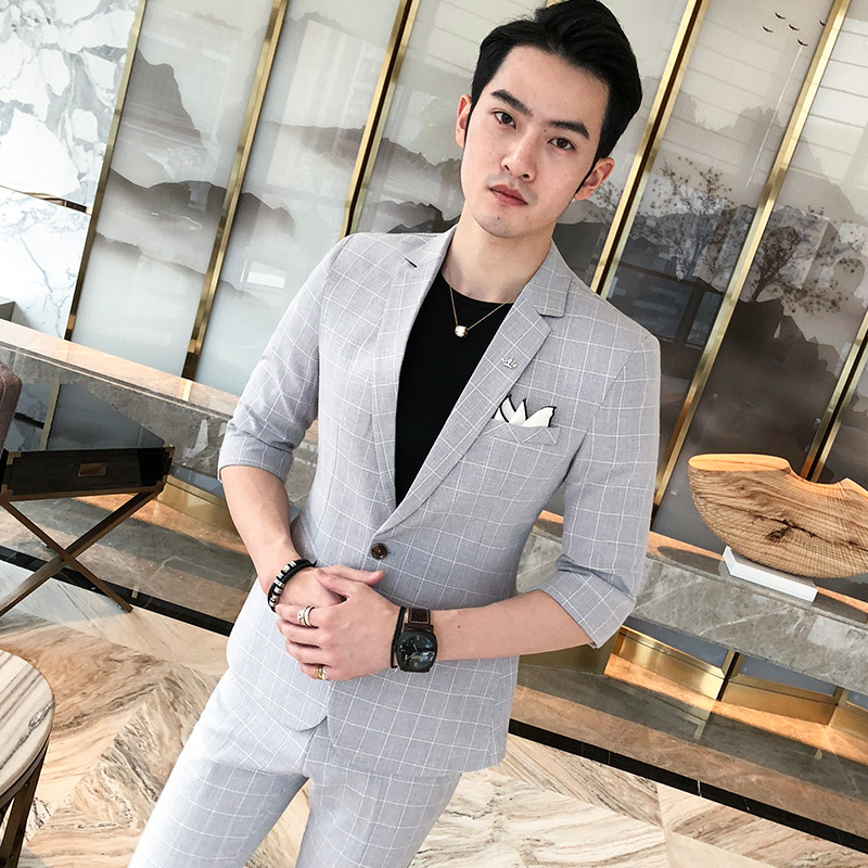 新款男士时尚格纹中袖西服套装型师气质修身七分袖西服男商务潮