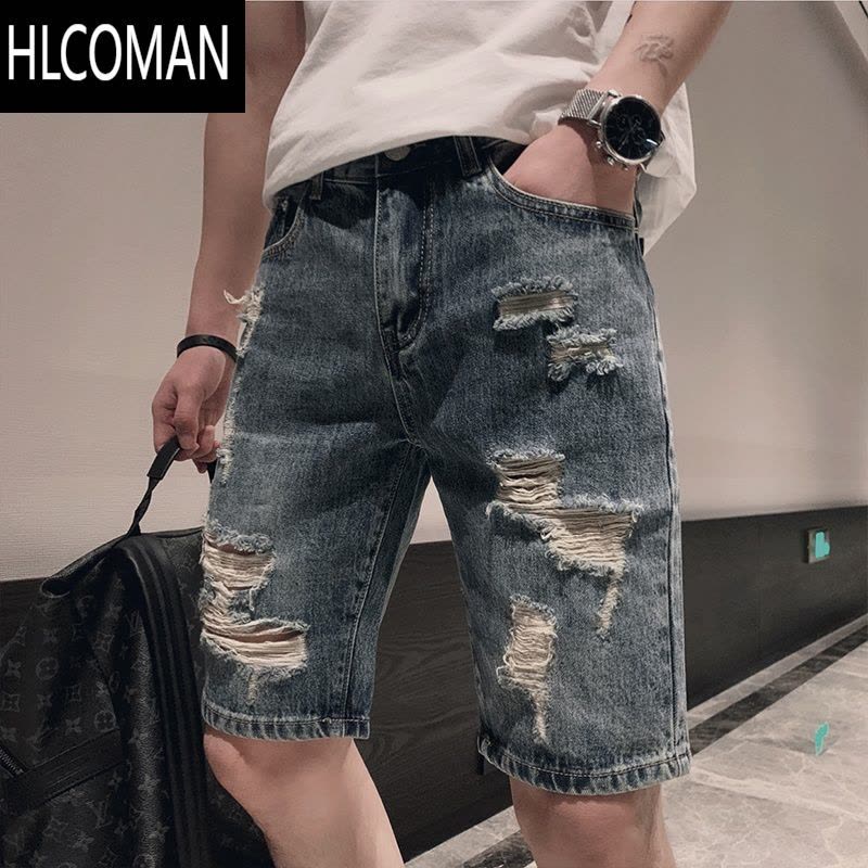 HLCOMAN牛仔短裤破洞夏季薄款男裤子潮流痞帅修身五分裤外穿大裤衩男士帅图片