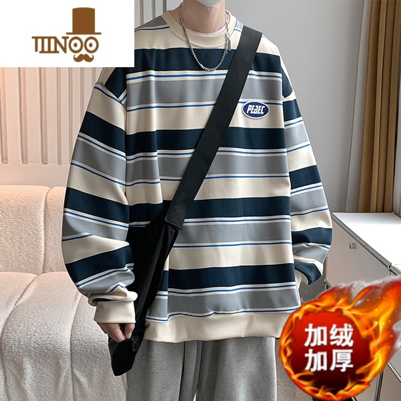 YANXU日系复古条纹卫衣男款潮流圆领长袖t恤情侣装休闲秋装