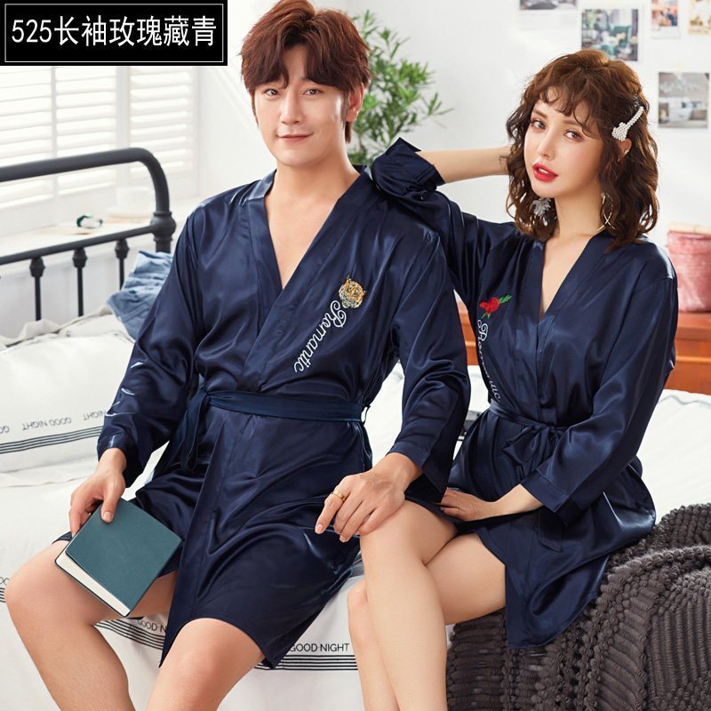 家柏饰(CORATED)韩版春秋季情侣睡袍浴袍睡衣女睡裙夏季男长袖冰丝家居服