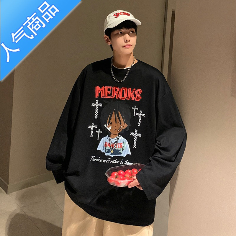 喻娄美式复古长袖t恤男秋季潮牌ins高街宽松大码休闲卫衣oversizeT恤