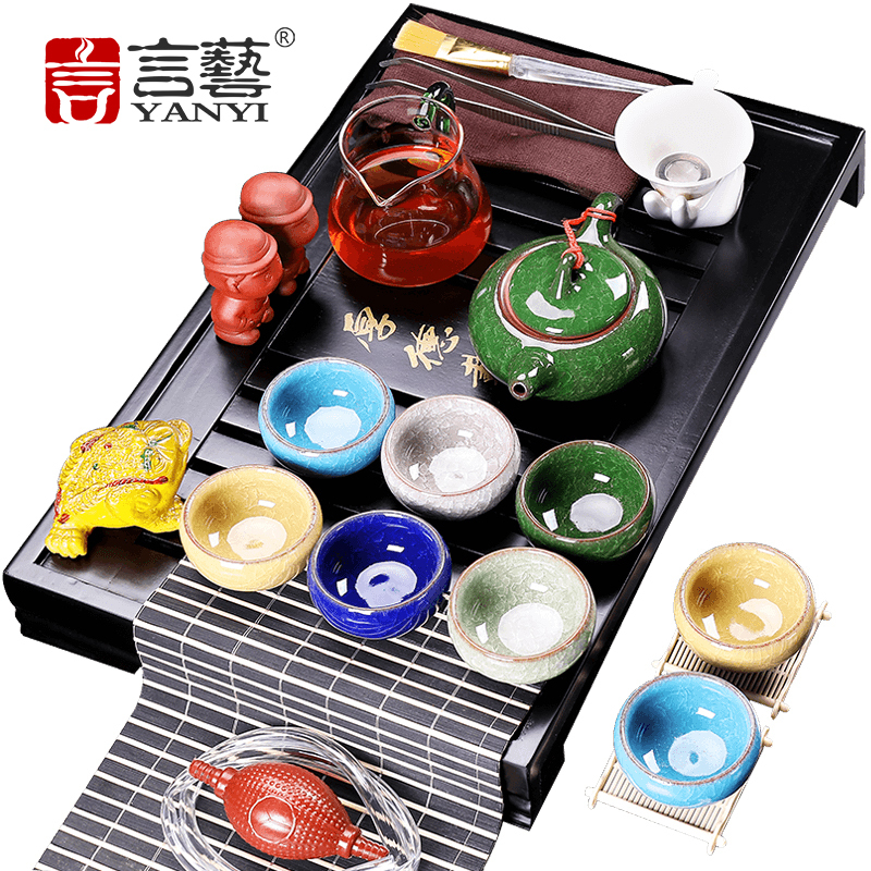 言艺(yanyi) 陶瓷功夫茶具套装 实木茶盘.冰裂釉茶具配黑色厚德载物