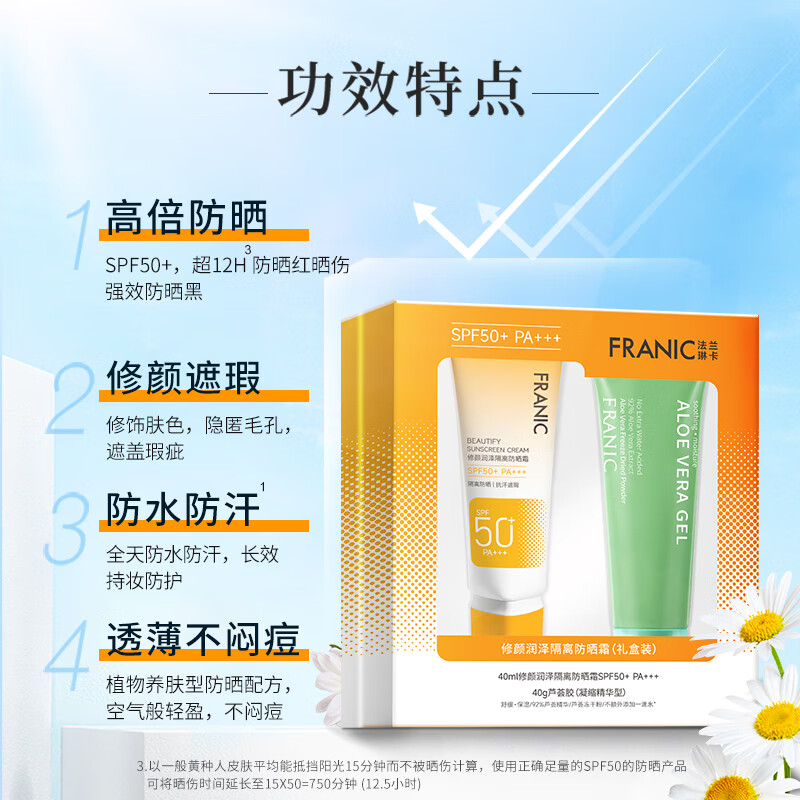 法兰琳卡(FRANIC) 修颜润泽隔离防晒霜SPF50+ PA+++(礼盒装)40ml+芦荟胶40g高清大图