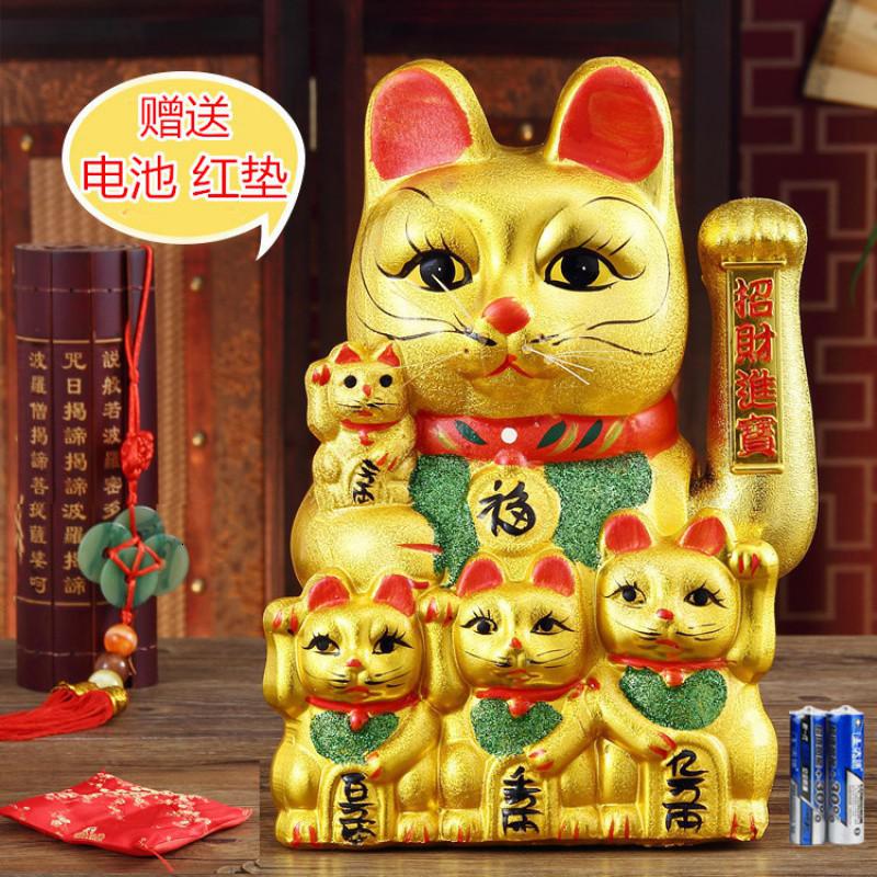 五福猫摆件电动摇手大小号陶瓷猫发财猫创意店铺开业进宝 三维工匠 【购买猫送电池红垫】_922_570