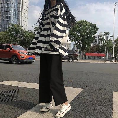 棉裤春季新款套装女学生韩版宽松条纹长袖T恤+休闲阔腿裤女两件套 黑色单裤子 M 建议[70-95斤]
