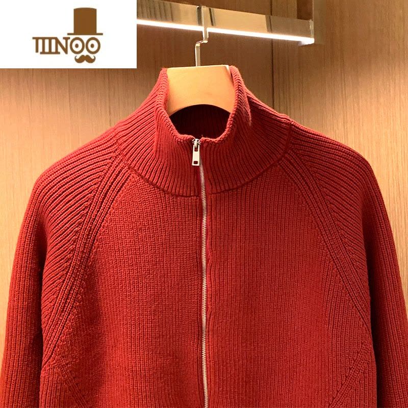 YANXU欧美简约绿立领拉链针织开衫男冬季加厚加绒半高领毛衣外套男图片