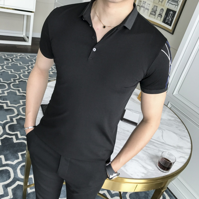 2018夏季新品韩版男款修身短袖POLO衫烫花纯色T恤青年微领小衫潮T