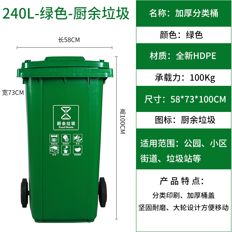 豫亨 120L户外环卫四色分类垃圾桶大号商用餐厨带盖带轮子垃圾桶高清大图