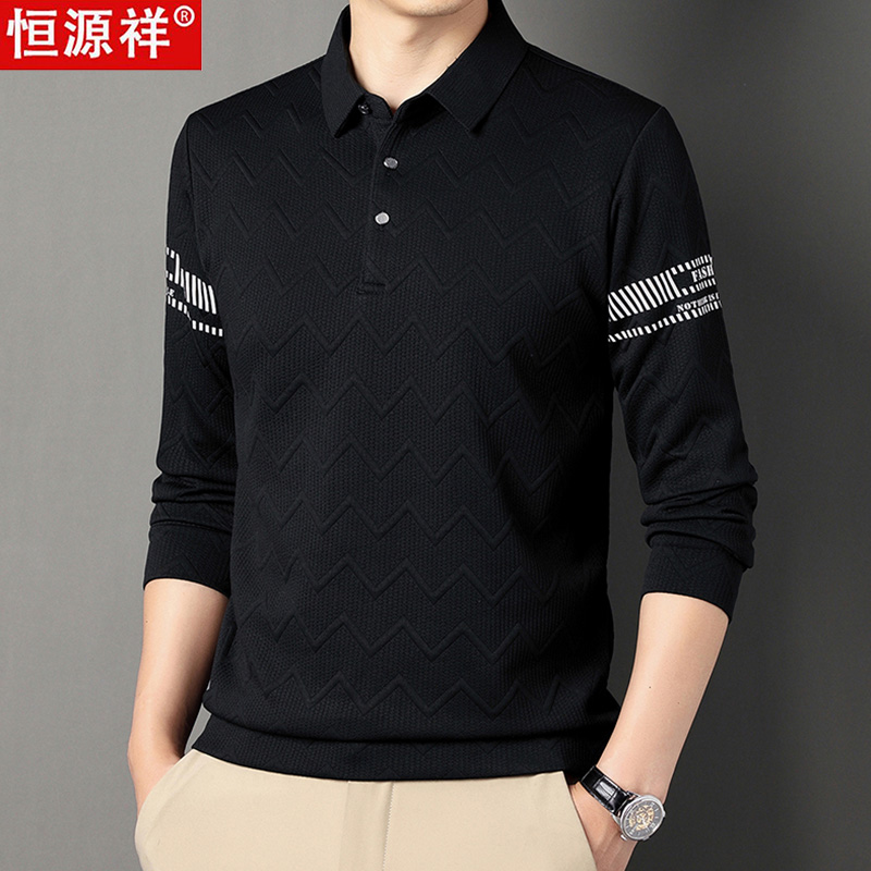 恒源祥白色长袖t恤男士休闲上衣服春秋季新款潮流翻领Polo衫男装 185/3XL 黑色