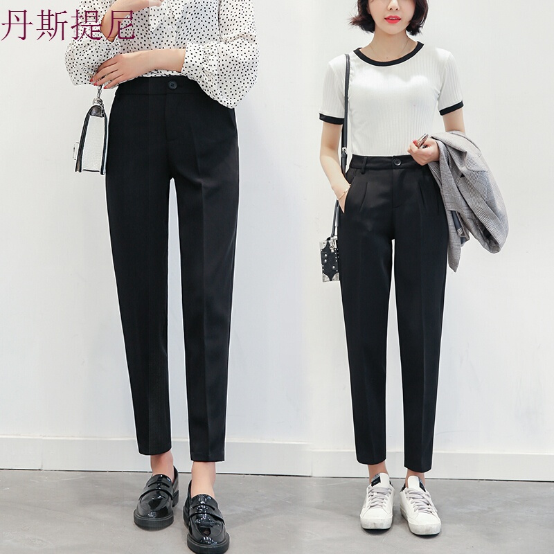 西装裤女春夏九分裤潮烟管直筒小脚高腰休闲显瘦宽松西裤哈伦裤子黑色