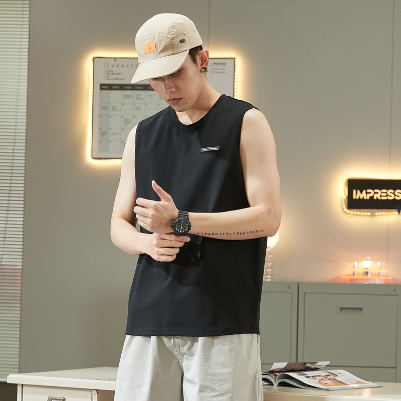 5折价499元唐狮夏季新款背心无袖t恤男宽松学生贴标汗衫白色上衣运动