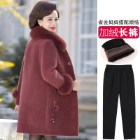 恒源祥中年妈妈冬装水貂绒外套中长款中老年女装洋气加厚呢子大衣 XL建议95-115斤 红色+加绒长裤