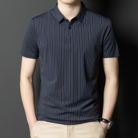 夏季翻领无痕短袖T恤男士竖条纹休闲polo衫男装潮流薄款冰丝半袖 165/S 上青色