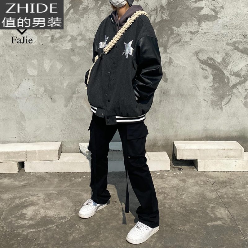 SUNTEKvibe风棒球服外套男女宽松星星贴布拼接PU皮袖美式街头hiphop上衣夹克高清大图