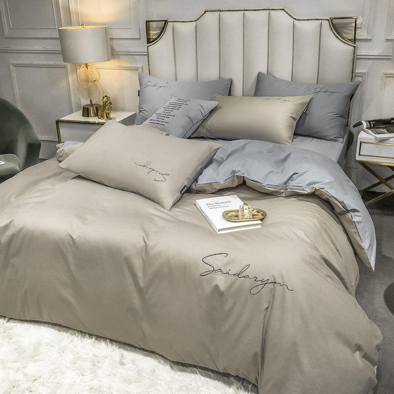 家柏饰(CORATED)全棉60支长绒棉床上四件套款北欧风被罩全棉床单被套床上用品 60支长绒棉-米驼+浅灰 ★1.5m床（床笠款四件套）【适合200*230cm被芯，床