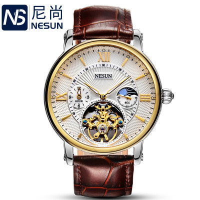 尼尚(NESUN)手表男士全自动机械表商务多功能防水陀飞轮真皮个性镂空男表