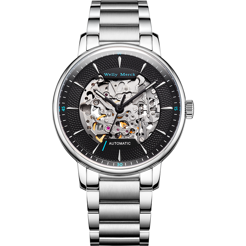 merck威利默克手表男新款自动机械表品牌正品防水时尚男表钢带镂空