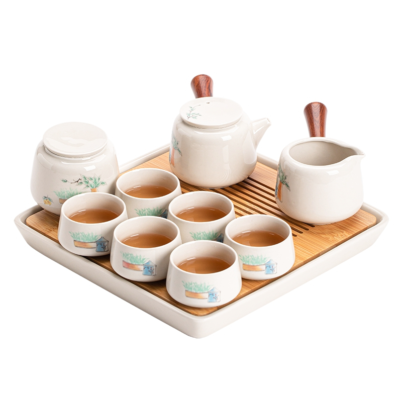 苏氏陶瓷(SUSHI CERAMICS)草木灰釉功夫茶具套装实木手柄双侧把茶壶竹面陶瓷储水茶托礼盒装高清大图