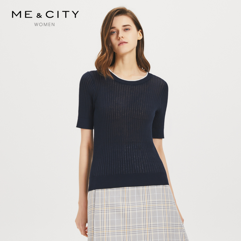 2]mecity女装夏季新款中袖素色修身t恤毛针织衫