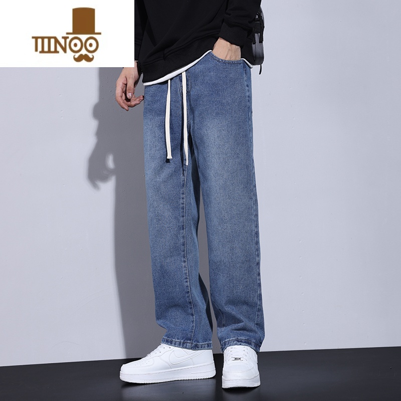 YANXU牛仔裤男夏季复古美式男生松紧腰长裤高街潮流休闲宽松男款直筒裤高清大图